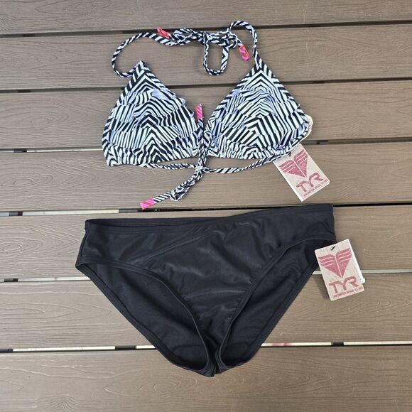 TYR Womens Zig Zag Laser Ruffle White/black String Top & Solid Bottom Sz L New - Picture 1 of 4